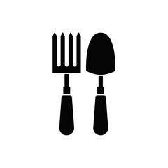 Wall Mural - Farming fork and shovel, gardening tools icon in black flat glyph, filled style isolated on white background