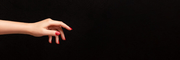 Wall Mural - Female hand with beautiful manicure - red nails on dark black background with copy space banner. Wide panoramic header