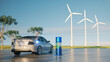 © FullFrames - The electric car charging at the natural park with windmill in scene.