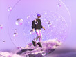 Avatar man with iridescent costume pose in virtual scene. Metaverse fashion concept. 3d rendering.