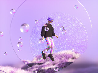 avatar man with iridescent costume pose in virtual scene. metaverse fashion concept. 3d rendering.