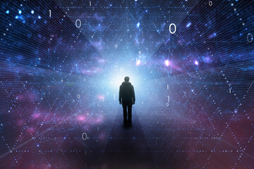 Wall Mural - silhouette of a man standing in digital future metaverse cyberspace.