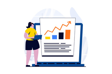 Aufkleber - Data science concept with people scene in flat cartoon design. Woman analyzing chart with growth trend and making financial report using databases on laptop. Illustration visual story for web