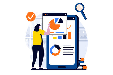Leinwandbilder - Data science concept with people scene in flat cartoon design. Woman analyzing diagrams with different trends and making financial report using mobile app. Illustration visual story for web
