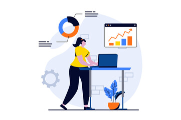 data science concept with people scene in flat cartoon design. woman working with diagrams and chart