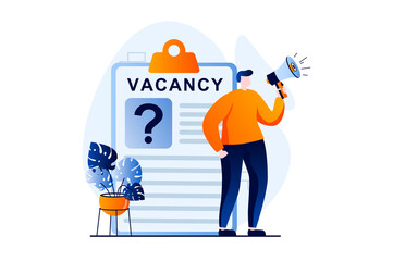 Wall Mural - Employee hiring process concept with people scene in flat cartoon design. Man with megaphone announces vacancy and looking for professionals in company. Illustration visual story for web