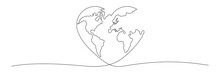 Earth Globe Continuous Line Drawing Of The Heart Shape. Love World Map One Line Art. Vector Illustration Isolated On White.