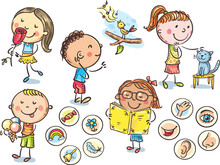 Children Showing Five Senses: Smell, Hear, Sight, Taste, Touch