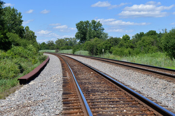 Wall Mural - A pair of vacant railroad track bend around a curve in rural northeastern Illinois. The tracks are a main line tangent along with a passing siding on the railway.