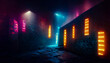 Leinwandbild Motiv Old brick wall with neon lights. Dark empty old night street, smoke, smog. Textured brick walls 3D illustration.
