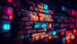 canvas print picture - Old brick wall with neon lights. Dark empty old night street, smoke, smog. Textured brick walls 3D illustration.