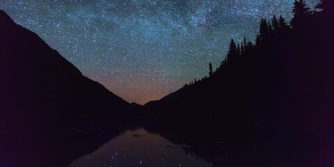 Wall Mural - Time Lapse Lockdown Idyllic View Of Lake In Forest Against milky way - Squamish, Canada