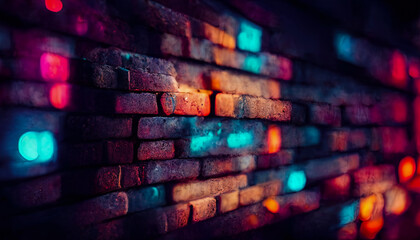 Wall Mural - Old brick wall with neon lights. Dark empty old night street, smoke, smog. Textured brick walls 3D illustration.