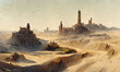 Ancient lost city ruins in  desert, digital landscape  background