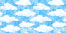 Seamless White Puffy Watercolor Clouds On Bright Blue Sky Background Pattern. Tileable Hand Painted Digital Gouache Cartoon Cloud Texture. Abstract Summer Day Landscape Wallpaper Or Backdrop..