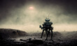 android robot on dark  inhospitable alien planet, digital art