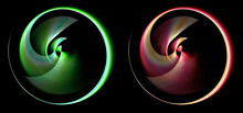 Abstract Propellers With Red And Green Blades Rotate On A Black Background. Icon, Logo, Symbol, Sign. Set Of Graphic Design Elements. 3d Illustration. 3d Rendering.