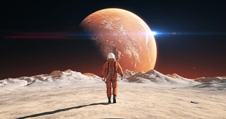 Wall Mural - male astronaut in space suit walking on alien planet. planet mars is visible. space related majestic