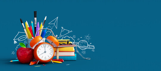 Orange alarm clock with red apple and school equipment. Back to school concept background 3D Rendering, 3D Illustration