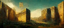 Abstract Megalithic Monolith Ancient Sandstone Ruins, Blocks Of Broken Stone And Rock In Semi Arid Mysterious Landscape Setting. Imaginative Fantasy And Stylized In Dreamy Oil Painting Colors. 