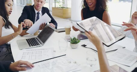 Canvas Print - Business, meeting and marketing team working in the office analyzing research sales data and planning success strategy with tablet. Group of creative professional people in startup company boardroom