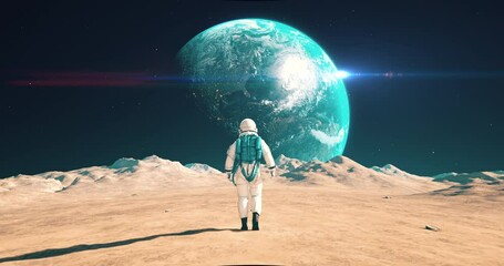 Wall Mural - brave astronaut walking on an alien planet. planet earth in sky. space related majestic scene.