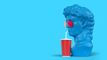 3D Render A Blue Sculpture In Glasses Drinks Sweet Water In Profile