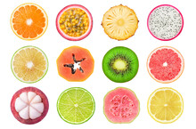 Fresh Fruits Cross Sections Isolated On White Background. Orange, Passion Fruit, Pineapple, Dragon Fruit, White Grapefruit, Papaya, Kiwi, Pink Pineapple, Mangosteen, Lime, Guava, Lemon