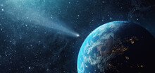 Comet, Asteroid, Meteorite Flying To The Planet Earth.  Glowing Asteroid And Tail Of A Falling Comet Threatening The Safety Of The Earth.  Elements Of This Image Furnished By NASA.