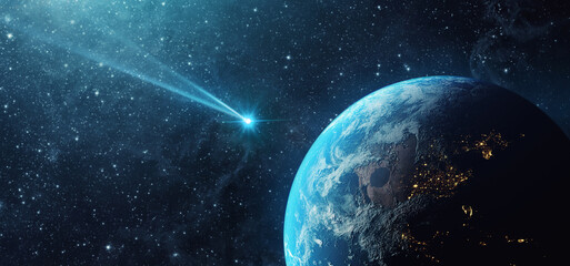 Wall Mural - comet, asteroid, meteorite flying to the planet earth. glowing asteroid and tail of a falling comet 