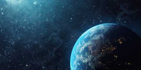 Wall Mural - panoramic view of the earth, sun, star and galaxy. sunrise over planet earth, view from space. eleme