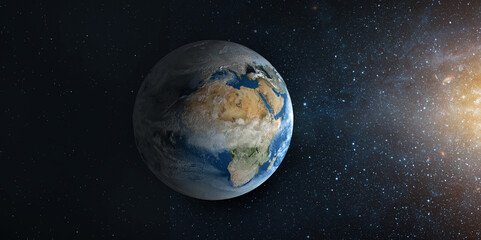 Wall Mural - panoramic view of the earth, sun, star and galaxy. sunrise over planet earth, view from space. eleme