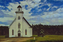 Small Church By The Road In Nova Scotia, Canada With White Siding, Bell Tower, Arched Stained Glass Windows.  Edited To Create A Post-modern Graphic Artwork. 