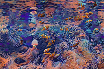 Large aquarium saltwater tank with bright, vibrant colors, Clown Fish, and other corral fish.  Edited to look like a colorful painting. 