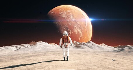 Wall Mural - astronaut on an alien planet walking to his base. mars is visible. space related majestic scene.