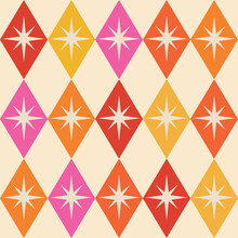 Mid Century Atomic Starbursts Over Diamond Argyle Shapes In Pink, Orange, Yellow And Red. For Textile, Fabric, Home Décor And Wallpaper  