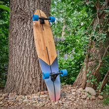 cruising wooden longboard against oak tree in a park or backyard, recreation concept