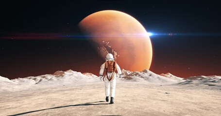 Wall Mural - astronaut on an alien planet walking to his base. mars is visible. space related majestic scene. slo