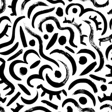 Doodle Whimsical Lines Vector Seamless Pattern. Pencil Sketch, Hand Drawn Curly Lines And Dots. Simple Abstract Expressive Background With Black Dots, Stripes, Waves. Creative Minimalist Style