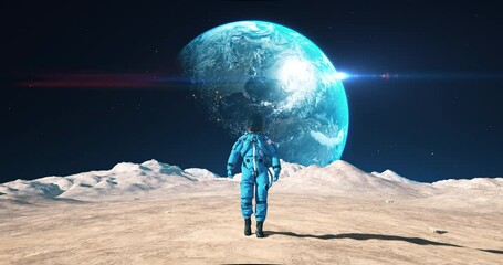 Wall Mural - brave astronaut walking on the surface of the moon among craters. planet earth is visible in sky.