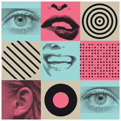 bright vector collage with eyes, open mouth, ear, lips, black round shapes. abstract illustration fo