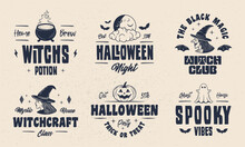 Halloween Vintage Emblems. Witch's, Pumpkin, Ghost Emblems. Halloween Label, Badges Designs. Retro Prints For T-shirt, Typography. Vector Illustration