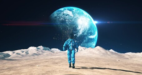 Wall Mural - brave astronaut walking on the surface of the moon among craters. planet earth is visible in sky. sl