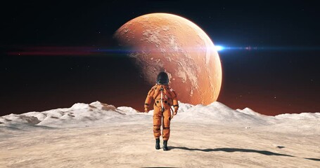 Wall Mural - male astronaut in space suit confidently walking on an alien planet. red planet mars is visible in s