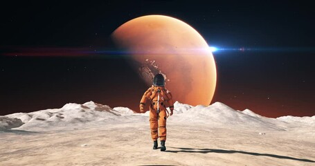 Wall Mural - male astronaut in space suit confidently walking on an alien planet. red planet mars is visible in s
