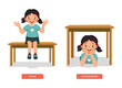 © Tenstudio - Preposition of place illustration little girl sitting on and under the table English vocabulary words flashcard set for education