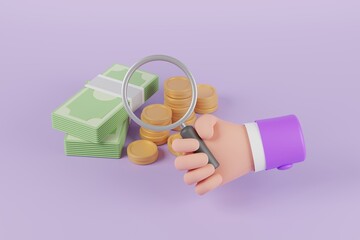 Wall Mural - 3D illustration hand holding Magnifying glass with coin stack and bank note