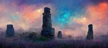 Ancient Towering Stone Monolith Pillars, Shrouded In Mysterious Cloudy Fog And From Unknown Origin. Surreal Dreamscape That Is Intriguing To Behold.  