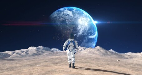 Wall Mural - brave male astronaut in space suit confidently walking on mars. planet earth is visible in sky. slow