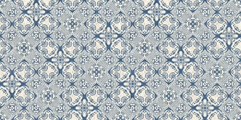 Wall Mural - French blue linen effect geometric border pattern. Classic 2 tone European neutral grey woven textile ribbon trim for shabby chic home decor. Country farmhouse kitchen edging band tape. 